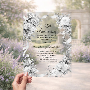Invitations En Acrylique 25e anniversaire de mariage fleurs d'argent givré