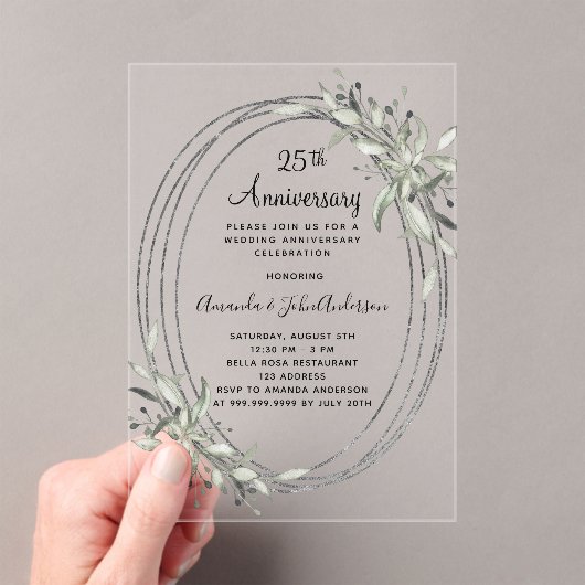 Invitations En Acrylique 25e anniversaire mariage argent vert clair (In situ (ordinateur de poche))