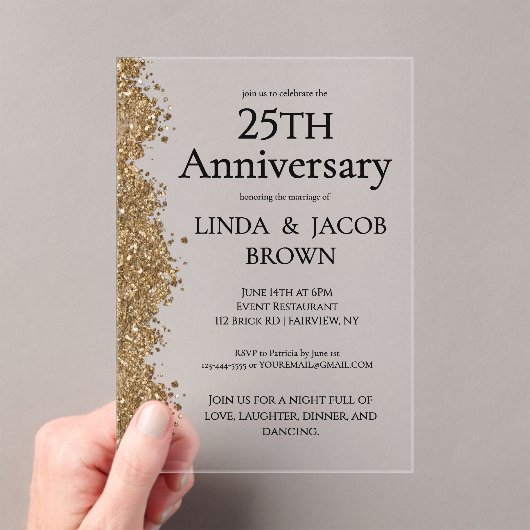 Invitations En Acrylique 25th Wedding Anniversary Gold Faux Glitter  (In situ (ordinateur de poche))