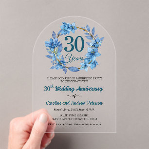 Invitations En Acrylique 30e Anniversaire de Mariage Surprise Fleurs Bleues