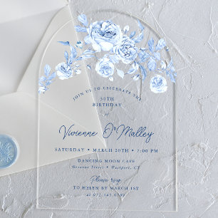 Invitations En Acrylique 30e fête d'anniversaire Dusty Blue Rose Floral Arc
