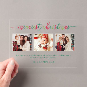 Invitations En Acrylique 3 Collage photo Script Moderne "Merriest Christmas
