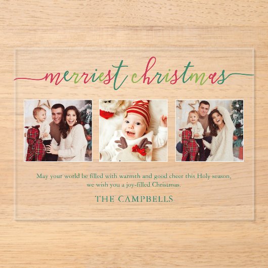 Invitations En Acrylique 3 Photo Collage Script moderne "Joyeux Noël" (Recto)