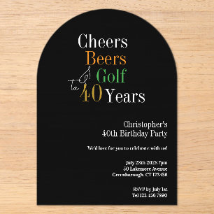 Invitations En Acrylique 40 ans Fête de golf Cheers Bières Or Noir