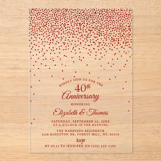 Invitations En Acrylique 40e anniversaire du Mariage de Ruby (Recto)