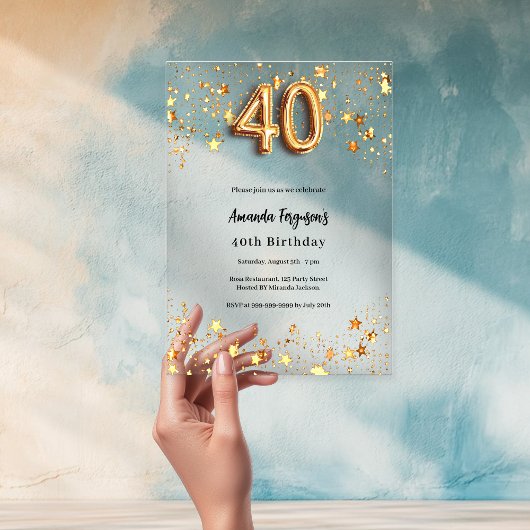 Invitations En Acrylique 40e anniversaire étoiles or clair