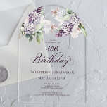 Invitations En Acrylique 40e anniversaire Purple Spring Lilac Arc de fleurs<br><div class="desc">Des lilas mauve à l'aquarelle douce créent une jolie invitation au printemps à l'anniversaire de 40 ans. La calligraphie ajoute une esthétique élégante. Il fait partie de la collection Purple Spring Lilac Flower. Il vous permet de choisir un thème puis de créer facilement une suite d'invitation unique, des panneaux d'accueil...</div>