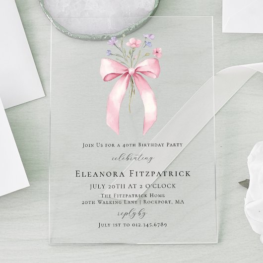 Invitations En Acrylique 40e fête d'anniversaire Coquette rose Bow Fleur sa