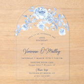 Invitations En Acrylique 40e fête d'anniversaire Dusty Blue Rose Floral Arc (Recto)