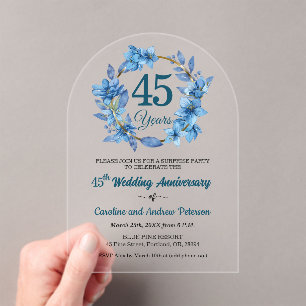 Invitations En Acrylique 45e Anniversaire de Mariage Surprise Fleurs Bleues