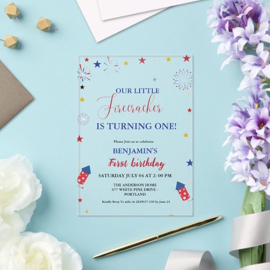 Invitations En Acrylique 4 juillet Little Firecracker 1er anniversaire (Insitu (Mariage))