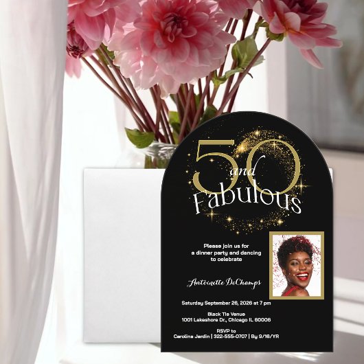 Invitations En Acrylique 50 et Fabulous Customisé photo unique Black Gold