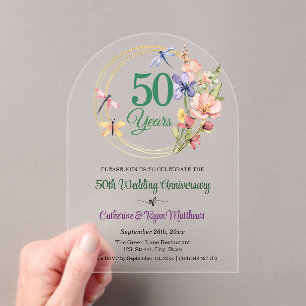 Invitations En Acrylique 50e Anniversaire de Mariage Cadre Doré Floral
