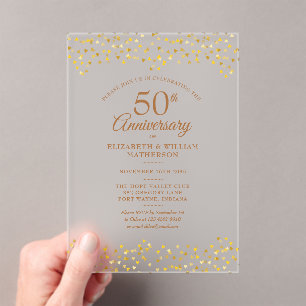 Invitations En Acrylique 50e Anniversaire de Mariage Cœurs d'Amour Dorés