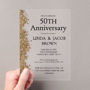 Invitations En Acrylique 50e Anniversaire de Mariage Or Faux Paillettes 
