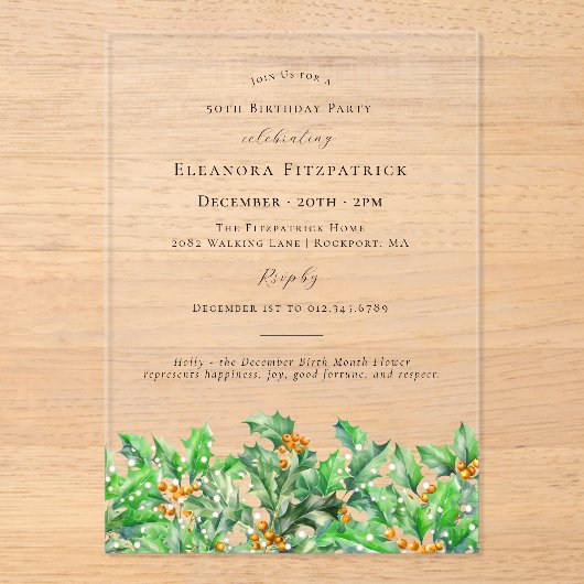 Invitations En Acrylique 50e anniversaire Décembre Mois de naissance Fleur (Recto)