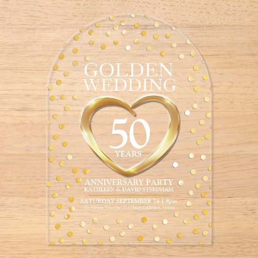 Invitations En Acrylique 50e anniversaire mariage d'or coeur (Recto)