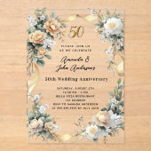 Invitations En Acrylique 50e anniversaire mariage or jaune florale clair (Recto)