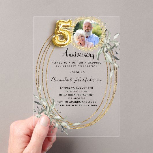 Invitations En Acrylique 50e anniversaire mariage or photo vert (In situ (ordinateur de poche))