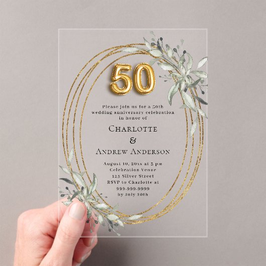 Invitations En Acrylique 50e anniversaire mariage or vert clair (In situ (ordinateur de poche))