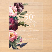 Invitations En Acrylique 50e anniversaire Moody moderne Bourgogne Blush Flo (Recto)