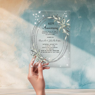 Invitations En Acrylique 60e anniversaire de mariage silver greenery diaman