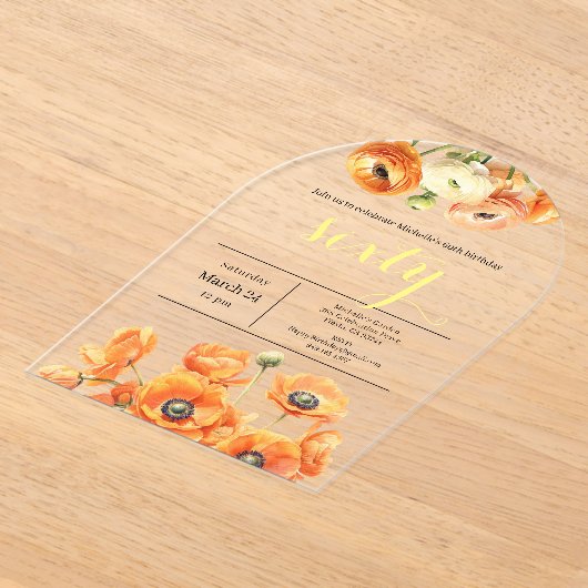 Invitations En Acrylique 60e anniversaire Jardin moderne Orange Fleurs blan (Poser)