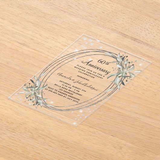 Invitations En Acrylique 60e anniversaire mariage argent vert diamant (Poser)