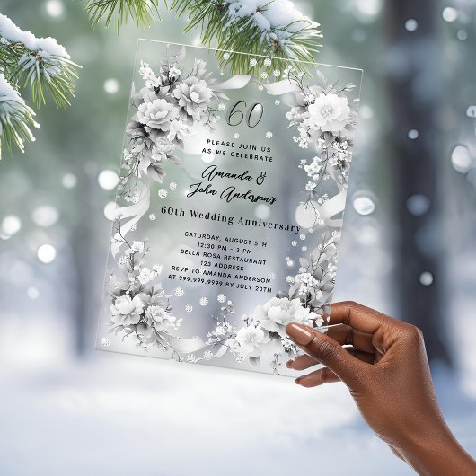 Invitations En Acrylique 60e anniversaire mariage florifères diamantés clai