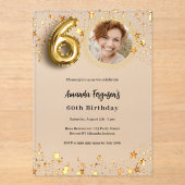Invitations En Acrylique 60e anniversaire or photo étoiles clair (Recto)
