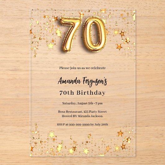 Invitations En Acrylique 70e anniversaire étoile d'or clair (Recto)