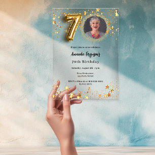 Invitations En Acrylique 70e anniversaire or photo étoiles clair