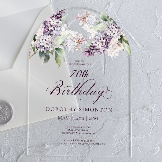 Invitations En Acrylique 70e anniversaire Purple Spring Lilac Arc de fleurs