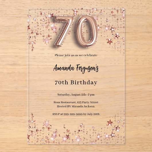 Invitations En Acrylique 70e anniversaire rose or étoiles clair fête (Recto)