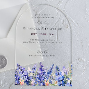 Invitations En Acrylique 75e anniversaire Bleu Larkspur Juillet Arc de fleu