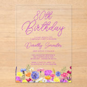 Invitations En Acrylique 80e anniversaire de la fête Boho violet Fleur sauv (Recto)