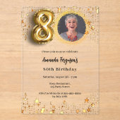 Invitations En Acrylique 80e anniversaire or photo étoiles clair (Recto)