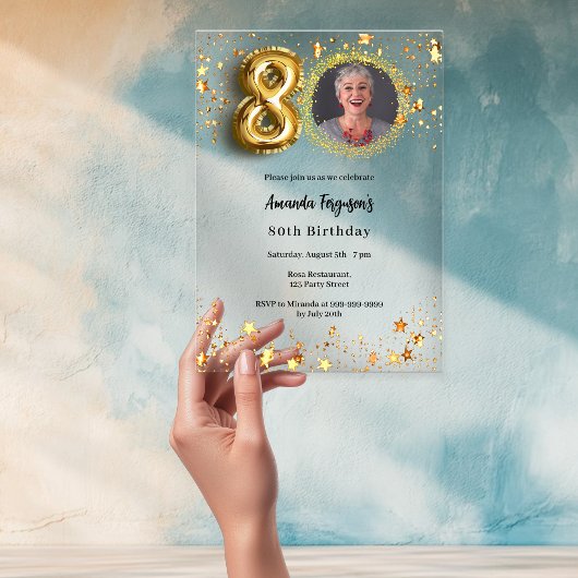 Invitations En Acrylique 80e anniversaire or photo étoiles clair