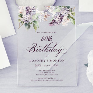 Invitations En Acrylique 80e anniversaire Purple Spring Fleur Lilac