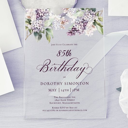 Invitations En Acrylique 85e anniversaire Purple Spring Fleur Lilac