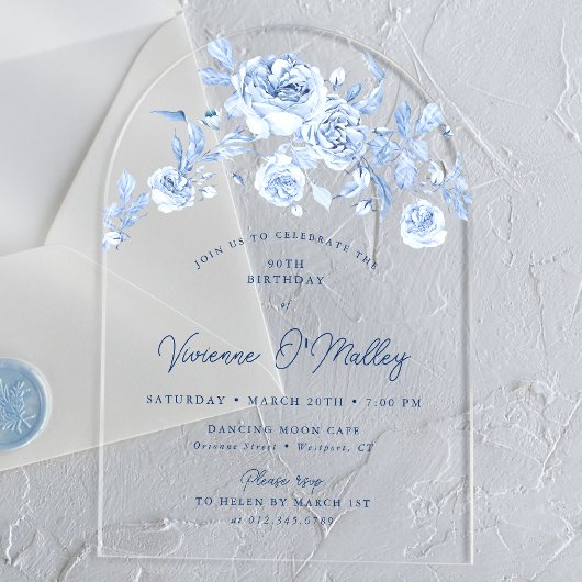 Invitations En Acrylique 90e fête d'anniversaire Dusty Blue Rose Floral Arc