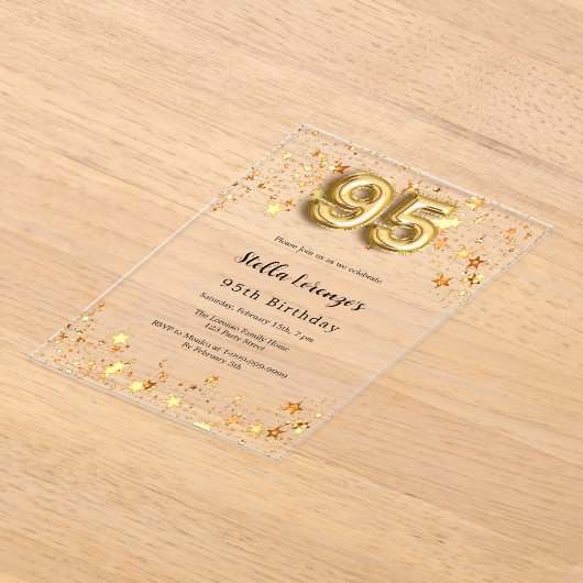 Invitations En Acrylique 95ème anniversaire étoiles or clair (Poser)