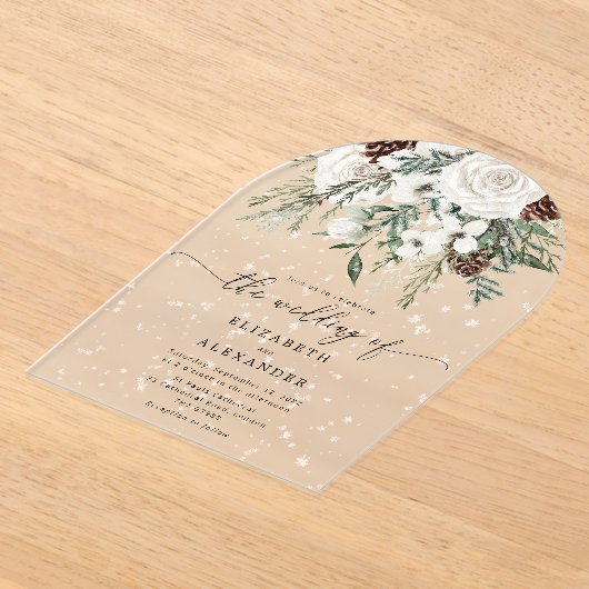 Invitations En Acrylique À feuillage persistant arche élégante neige mariag (Poser)