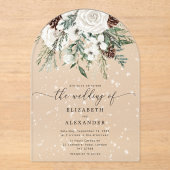 Invitations En Acrylique À feuillage persistant arche élégante neige mariag (Recto)