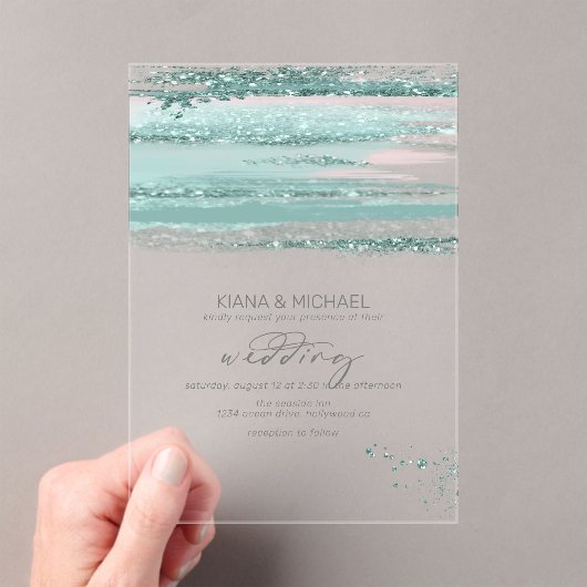 Invitations En Acrylique Abstrait Paint Strokes Mariage V3 Turquoise ID886 (In situ (ordinateur de poche))