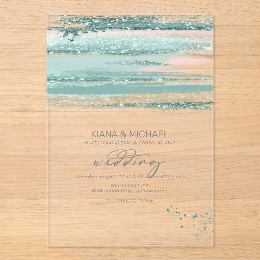 Invitations En Acrylique Abstrait Paint Strokes Mariage V3 Turquoise ID886 (Recto)