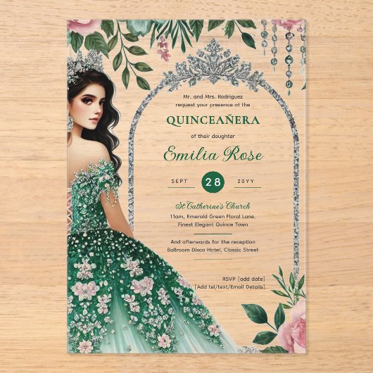 Invitations En Acrylique ACRYLIC Emerald Green Silver Robe de coing Fleurs (Recto)