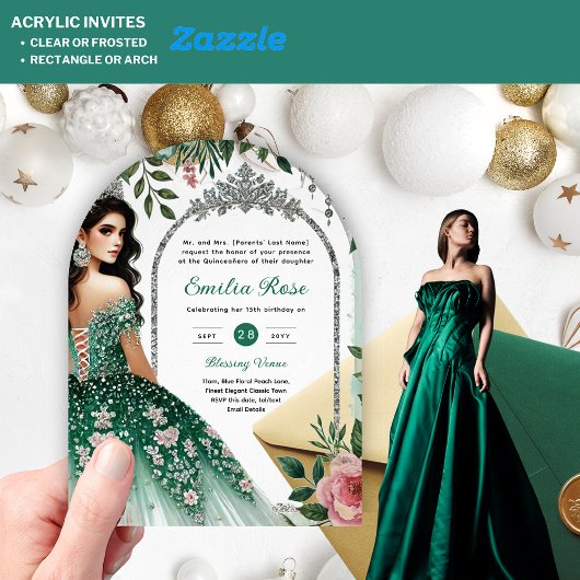 Invitations En Acrylique ACRYLIC Emerald Green Silver Robe de coing Fleurs