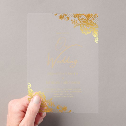 Invitations En Acrylique AcRYLIC Mariage Gold Lace Texte Élégant Clear (In situ (ordinateur de poche))