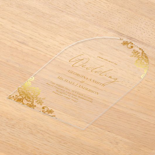 Invitations En Acrylique AcRYLIC Mariage Gold Lace Texte Élégant Clear (Poser)